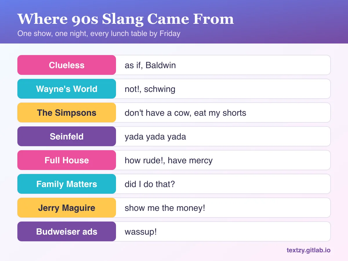 Chart of where 90s slang came from: Clueless gave us as if and Baldwin, Wayne's World gave us not and schwing, The Simpsons gave us don't have a cow and eat my shorts, Seinfeld gave us yada yada yada, Full House gave us how rude and have mercy, Family Matters gave us did I do that, Jerry Maguire gave us show me the money, and Budweiser ads gave us wassup.