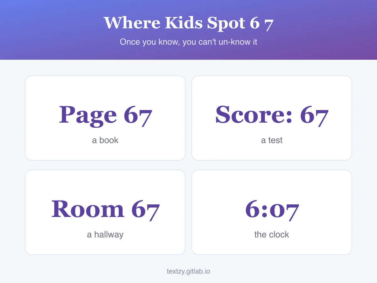Four places kids spot 6 7: page 67 of a book, a score of 67 on a test, room 67 in a hallway, and 6:07 on the clock.