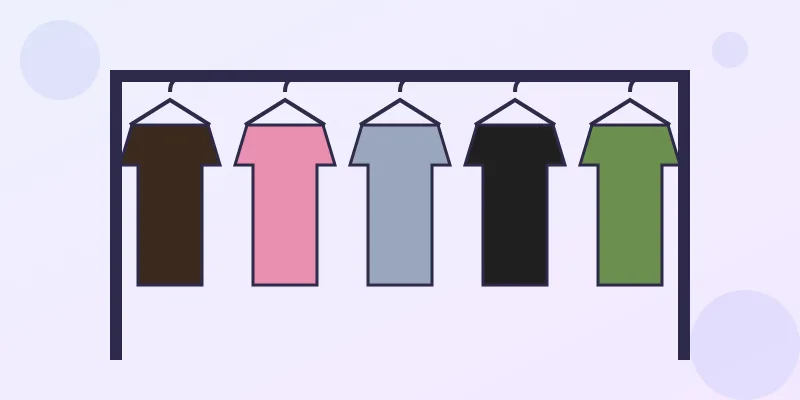 A clothes rack with five hangers in different colors