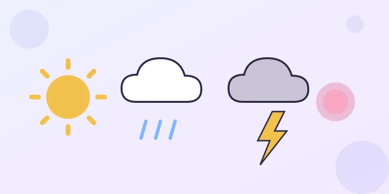 Weather icons: sun, cloud, rain and lightning