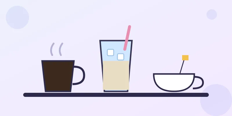 Three drinks on a counter: a coffee cup, an iced drink and a teacup