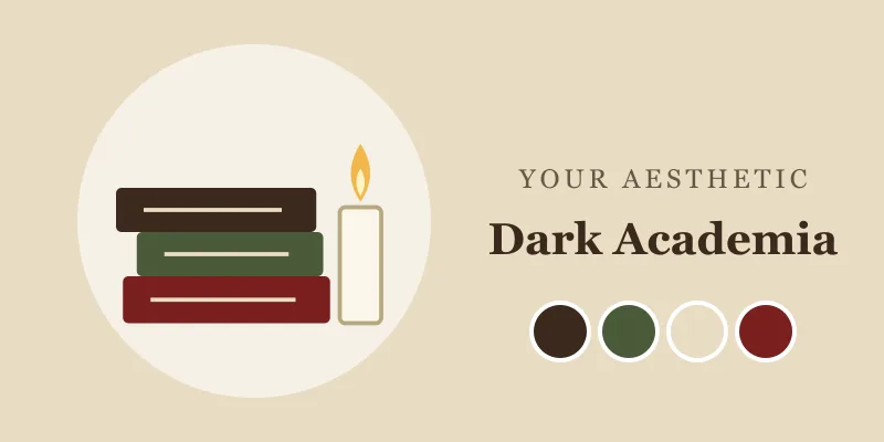 Dark Academia moodboard: stacked books, a candle and brown, green and cream colors