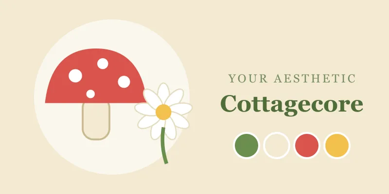 Cottagecore moodboard: a red mushroom, a daisy and green and cream colors