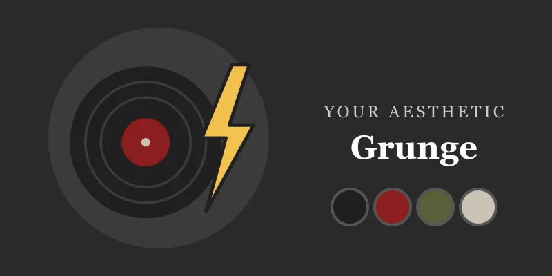 Grunge moodboard: a vinyl record, a lightning bolt and black, red and olive colors