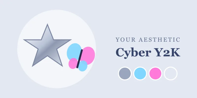 Y2K moodboard: a chrome star, a butterfly and silver, blue and pink colors