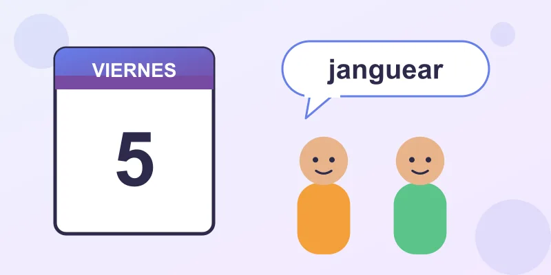 A calendar page for Friday with two friends and a speech bubble saying janguear