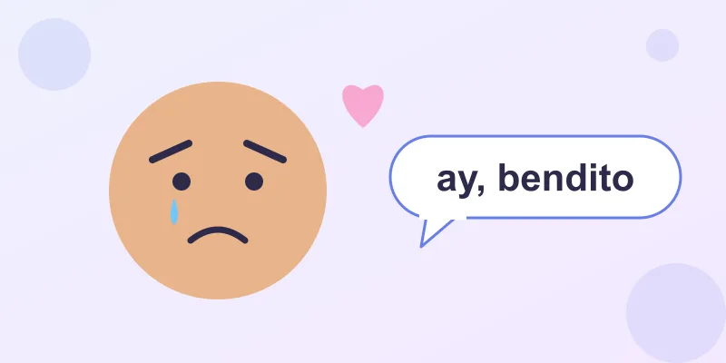 A cartoon face with sad eyebrows and a small heart next to the words ay bendito