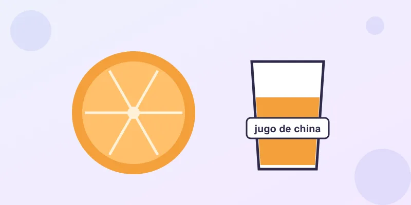 An orange cut in half next to a glass of juice labeled jugo de china