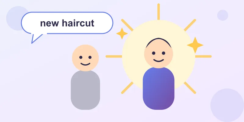 Two cartoon students, one glowing with sparkles after a new haircut
