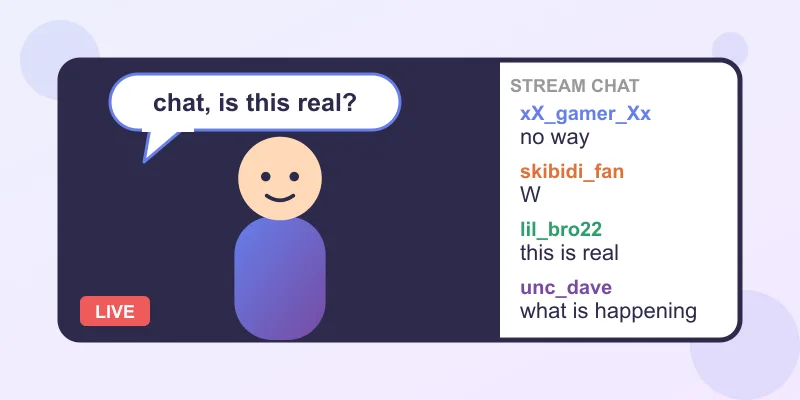 A streamer on a live stream asking chat, is this real, next to a stream chat