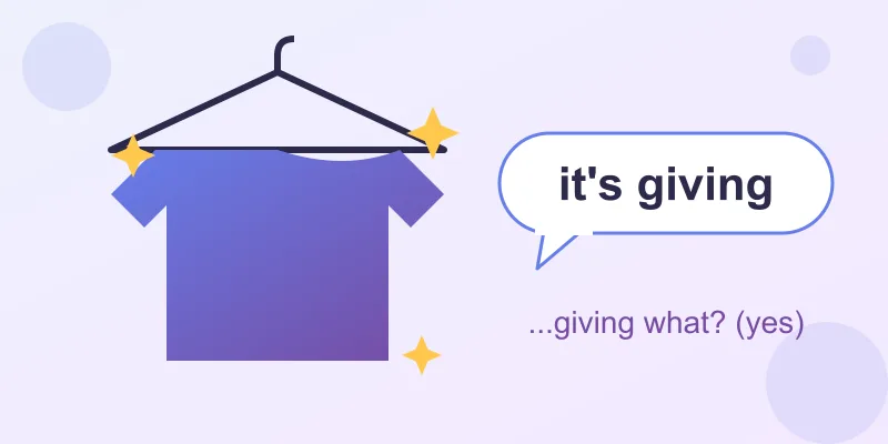 A shirt on a hanger with sparkles and a speech bubble saying it's giving