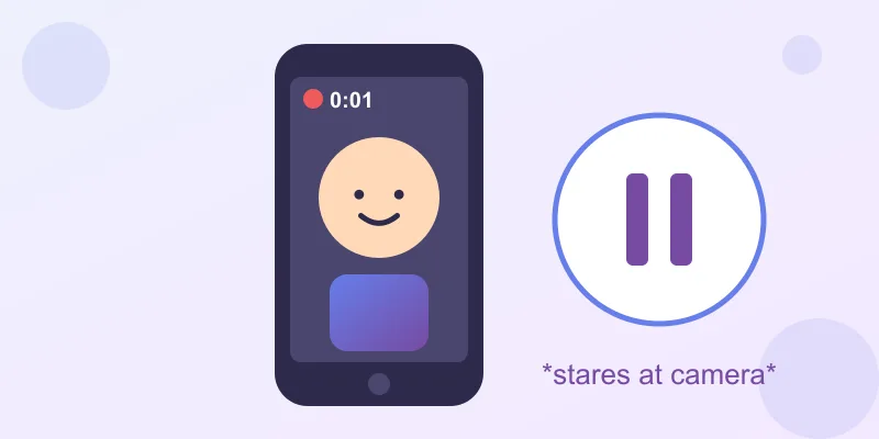 A phone recording a video with a pause icon and a timer at 0:01