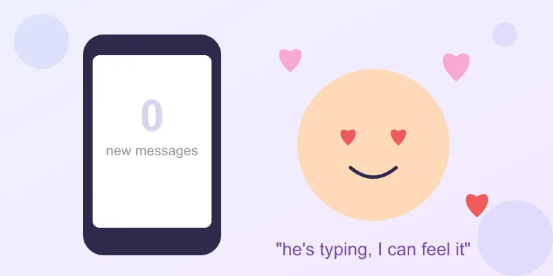 A phone with zero new messages and a cartoon face with hearts for eyes