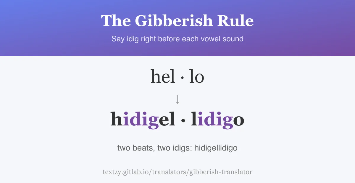 Gibberish rule chart showing hello split into two beats, with idig added before each vowel sound to make hidigellidigo.