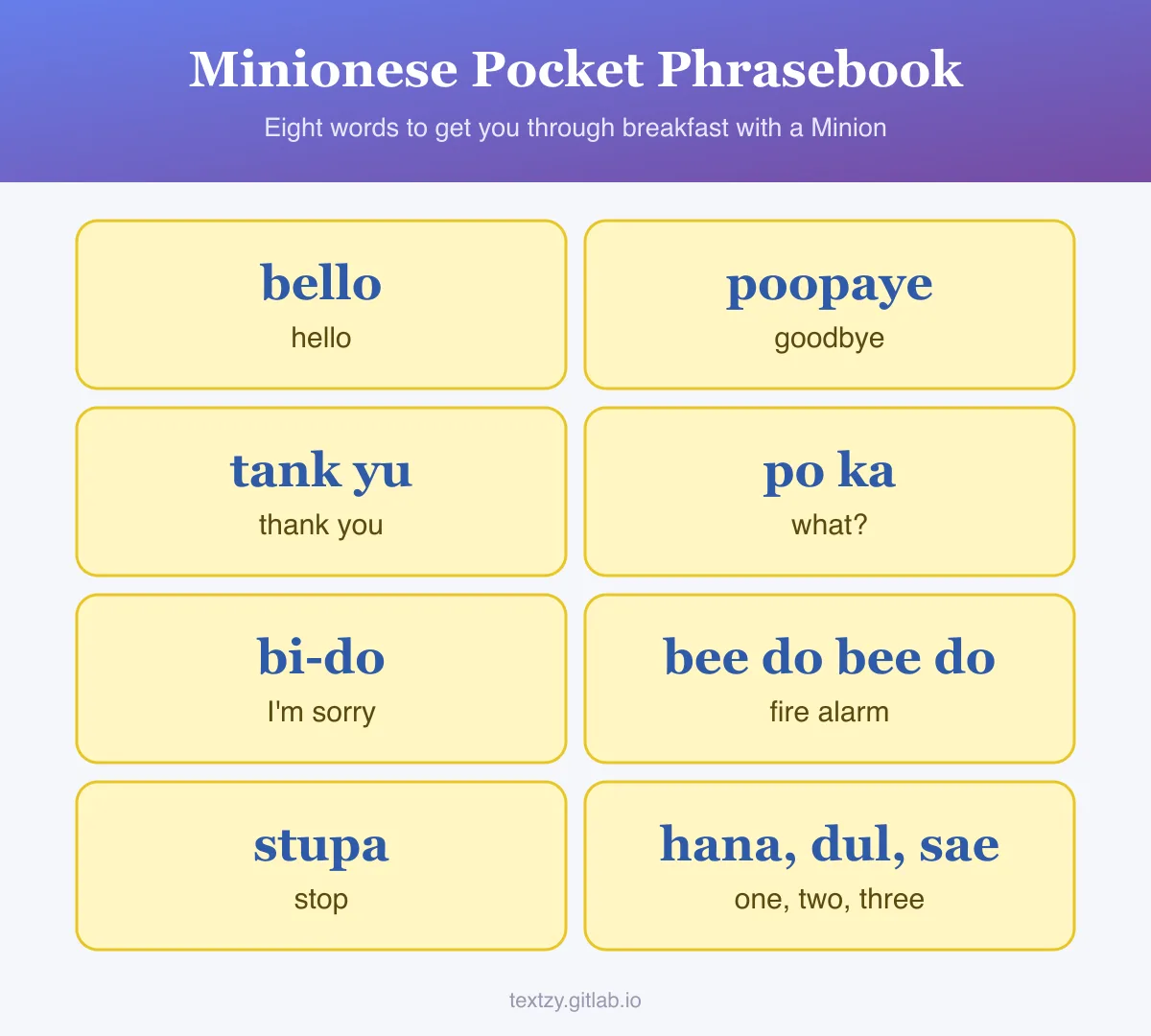 Minionese pocket phrasebook card: bello means hello, poopaye means goodbye, tank yu means thank you, po ka means what, bi-do means I'm sorry, bee do bee do means fire alarm, stupa means stop, hana dul sae means one two three.