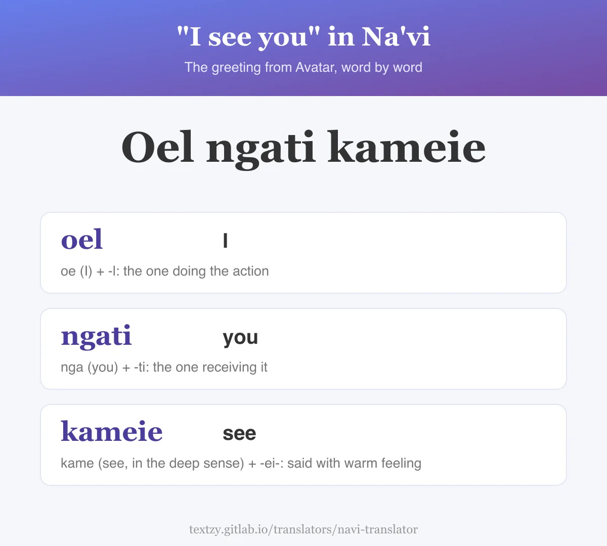 Oel ngati kameie broken down word by word: oel means I, doing the action, ngati means you, receiving the action, and kameie means see, in the deep sense, with the -ei- infix that adds a good feeling.